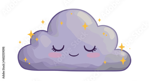 Cute cartoon cloud with stars and smiling face on white background
