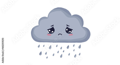 Cute sad cloud with raindrops in cartoon style