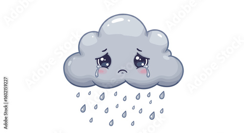 Sad crying cloud with raindrops on white background