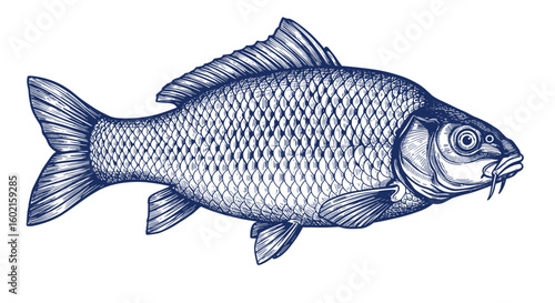 Detailed blue fin fish engraving with scales and fins