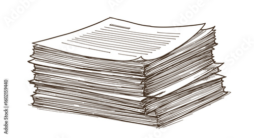 Hand-drawn stack of papers on white background: detailed sketch illust