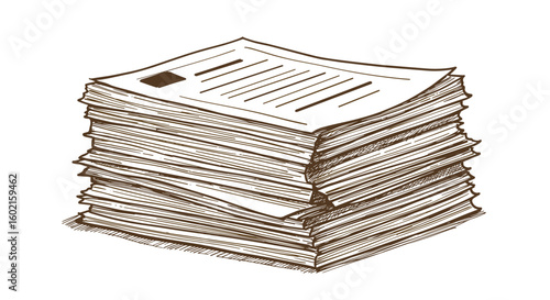 Hand drawn stack of papers with lines and details on white background