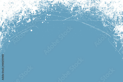 Grunge winter blue background. Distress weathered rough overlay texture with scratch lines. Grunge frame design with white paint spots. Winter texture 