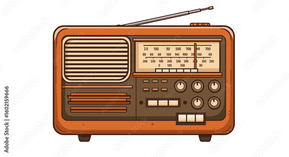 Fototapeta premium Vintage retro radio with dials and antenna in flat style
