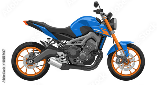 Blue sport motorcycle side view with orange accents in modern design