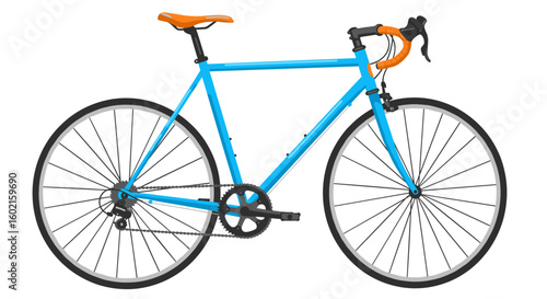Bright bicycle with orange accents on white background in detailed sty