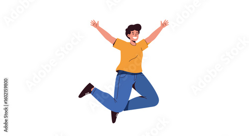 Happy cartoon style man jumping joyfully in casual clothes on white ba