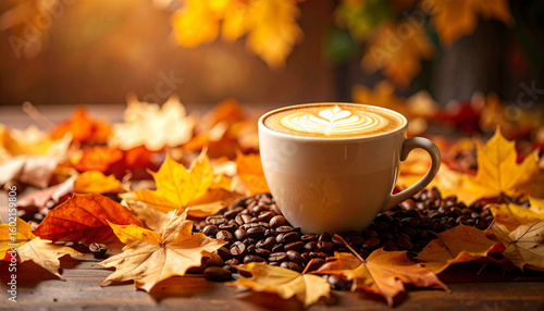 Autumn Coffee Delight: A cozy coffee cup sits amid a bed of fallen leaves and coffee beans, evoking the warm, comforting embrace of an autumn day.