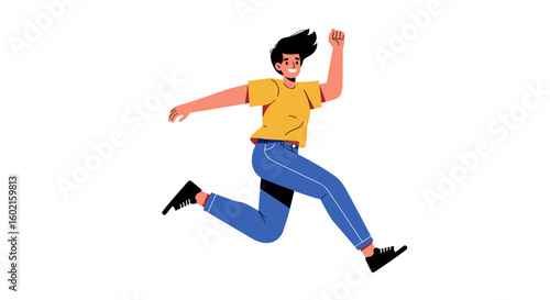 Energetic cartoon character jumping in dynamic pose with casual attire