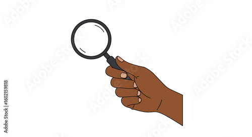 Hand holding magnifying glass on white background