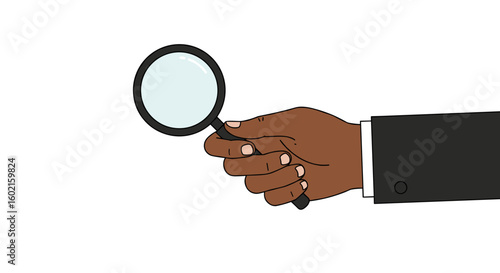 Hand holding magnifying glass on white background in cartoon style