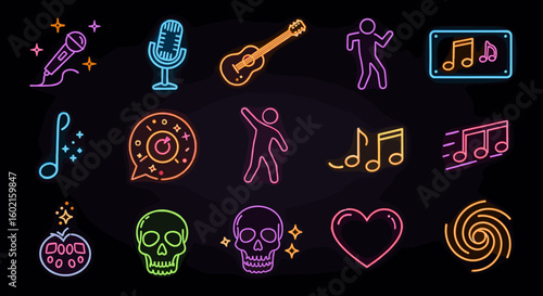 Colorful neon music icons set featuring instruments and dance symbols