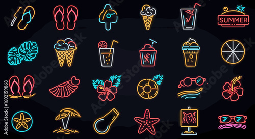 Neon summer icons collection featuring refreshing drinks, tropical pla