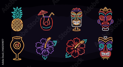 Vibrant neon tiki and tropical icons on dark background