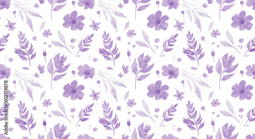 Elegant seamless pattern with purple floral elements and leaves