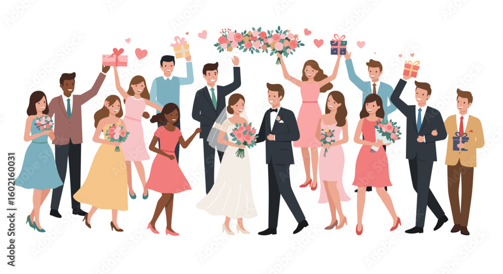 Celebratory wedding party with bride, groom, and guests in elegant att Celebratory wedding party with bride, groom, and guests in elegant att