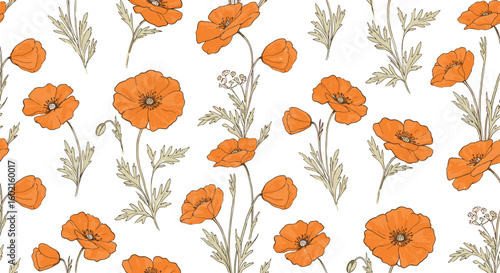 Seamless floral pattern with orange poppies on white background