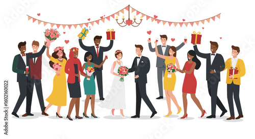 Joyful wedding celebration with diverse friends dancing and cheering