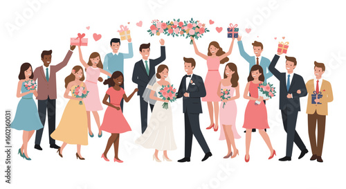 Celebratory wedding party with bride, groom, and guests in elegant att