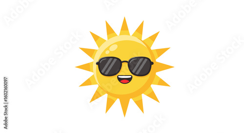 Cute sun with sunglasses and smiling face on white background
