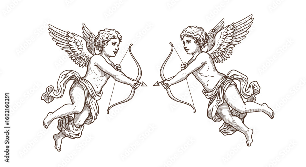 Φωτογραφία Symmetrical cherubs with bows in vintage sketch style