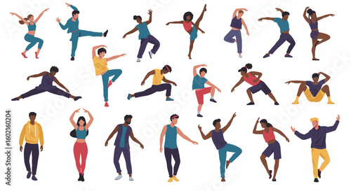 Diverse group of people dancing in various dynamic poses