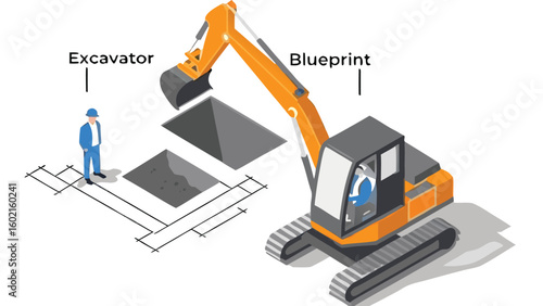 Isometric view of an excavator digging holes on a blueprint with a worker standing nearby on the white ground