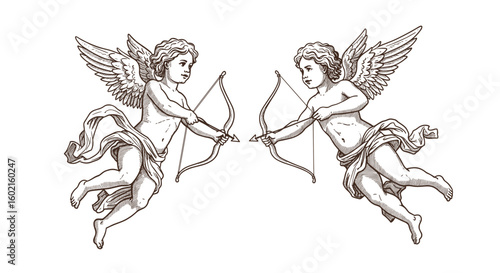 Vintage angels with bows in detailed line art style on white backgroun