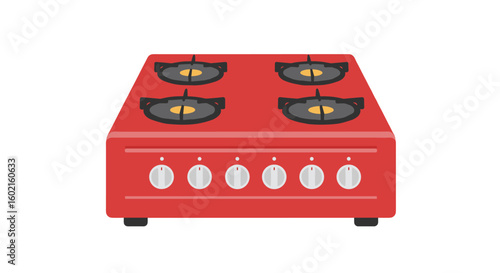 Red four-burner gas stove with control knobs on white background