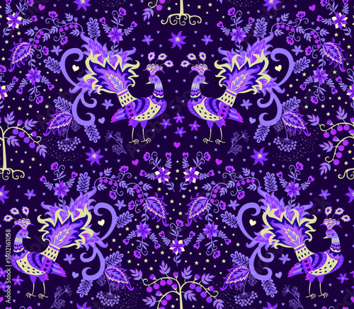 Beautiful birds, blooming trees and small stars in yellow and purple tones on...
