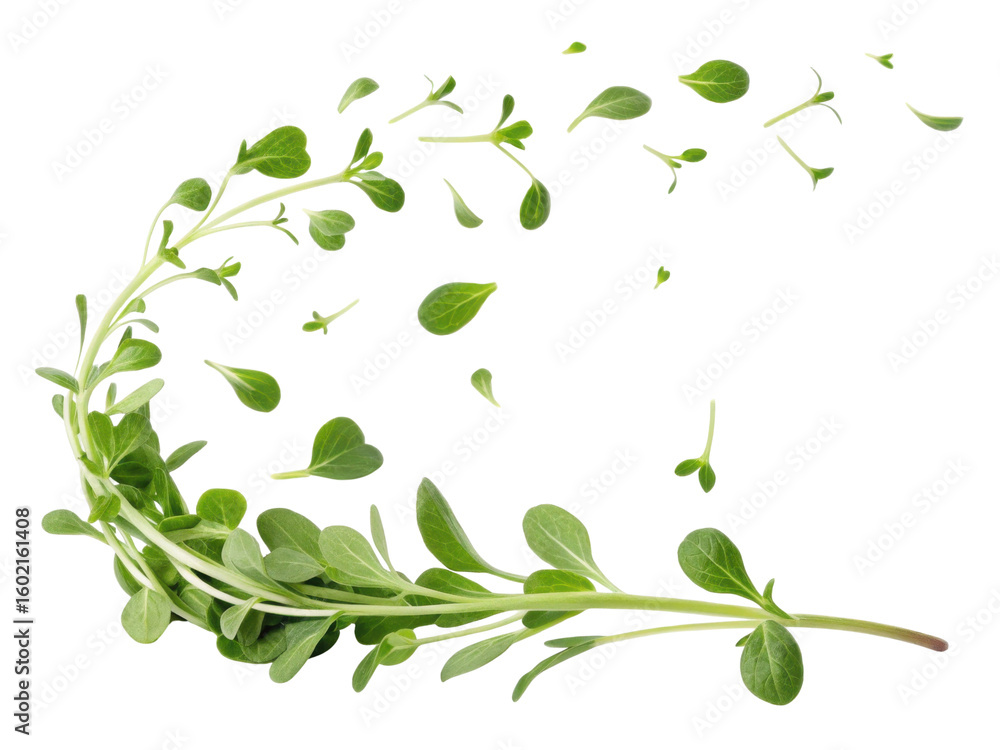 Obraz premium Fresh purslane leaves swirl gracefully in air creating vibrant display of nature beauty and freshness