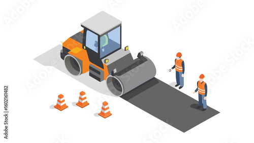 Isometric view of road roller flattening asphalt with workers and cones at construction site scene