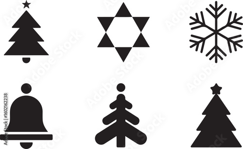 A collection of Christmas-themed icons, including a Christmas tree ornament, snowflakes, and bells, all in black-and-white style.