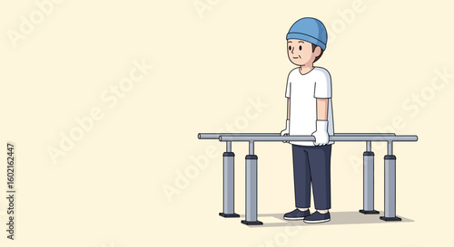 A cartoon illustration of a person standing near parallel bars, looking ahead.