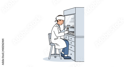 A cartoon illustration of a scientist working at a laboratory bench.