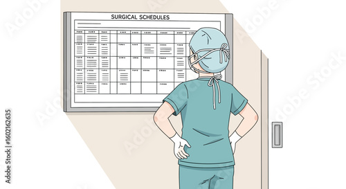 Surgeon reviewing a detailed surgical schedule on a wall-mounted calendar.