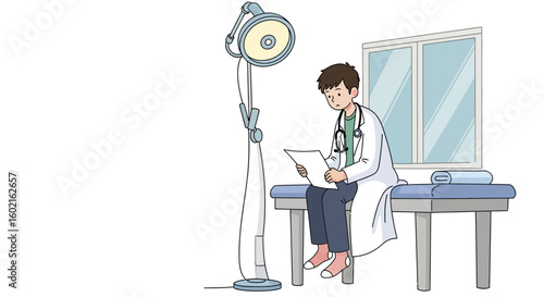 A male doctor sits on an examination table, reviewing a medical report near a window.