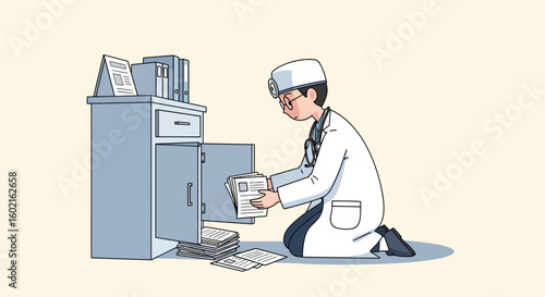 A doctor in a white coat meticulously examines medical records within a cabinet, kneeling.