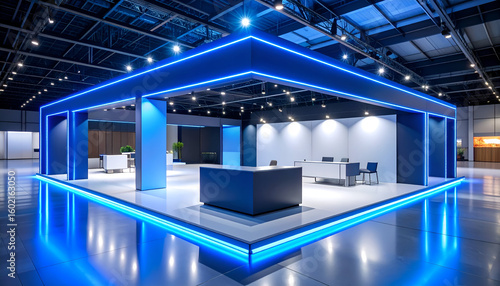 Modern trade show booth with blue lights.