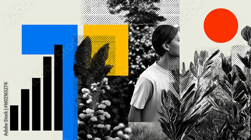 Abstract halftone collage with vintage coin textures, stock charts, and sprouting plants layered in modern editorial style using bold cutouts, glitch effects, and vivid accent colors for financial gro