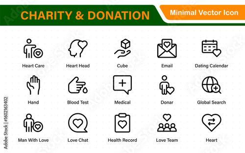 Charity and donation icon set. charity and donation icon set, Help, volunteer, donated assistance, sharing, and solidarity symbol. Outline icons  collection.