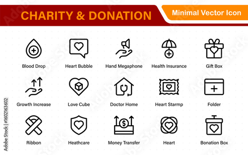 Charity and donation icon set. charity and donation icon set, Help, volunteer, donated assistance, sharing, and solidarity symbol. Outline icons  collection.