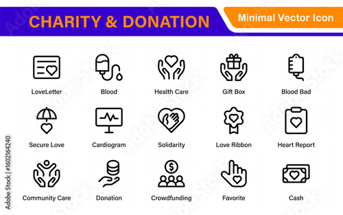 Charity and donation icon set. charity and donation icon set, Help, volunteer, donated assistance, sharing, and solidarity symbol. Outline icons  collection.