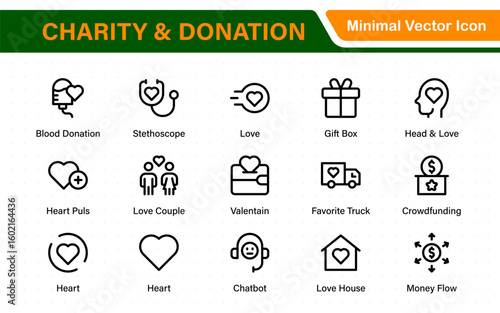 Charity and donation icon set. charity and donation icon set, Help, volunteer, donated assistance, sharing, and solidarity symbol. Outline icons  collection.