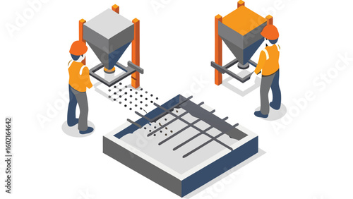 Isometric view of construction workers pouring concrete into a rebar reinforced foundation formwork