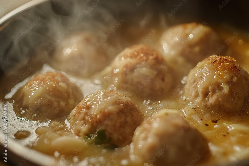 A close up and focused image of a popular trending soup with meatballs. A close up and focused image of a popular trending soup with meatballs.