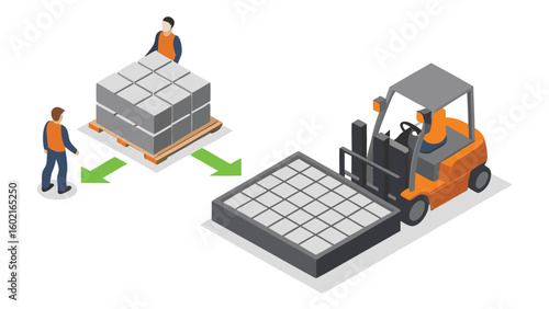 Isometric view of workers moving blocks with a forklift and pallet with green arrows showing direction