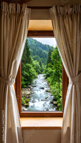 Mountain River View from Window.