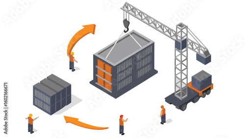 Isometric illustration of construction site with crane and shipping containers being moved around