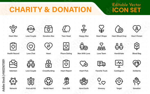 Charity and donation icon set. charity and donation icon set, Help, volunteer, donated assistance, sharing, and solidarity symbol. Outline icons  collection.